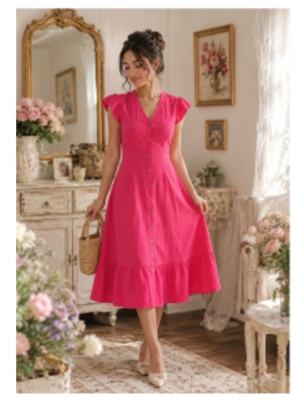 Women’s Pink Button-Front Midi Dress with Flutter Sleeves